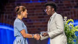 Stockholm Junior Water Prize 2026 winner Moroti Adegboyega of Canada receives the award from H.R.H. Crown Princess Victoria of Sweden (Photo credit: Jonas Borg / Stockholm Water Foundation).
